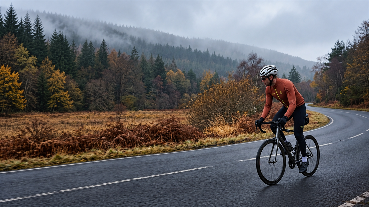 Cyclist riding through an autumn mountain road