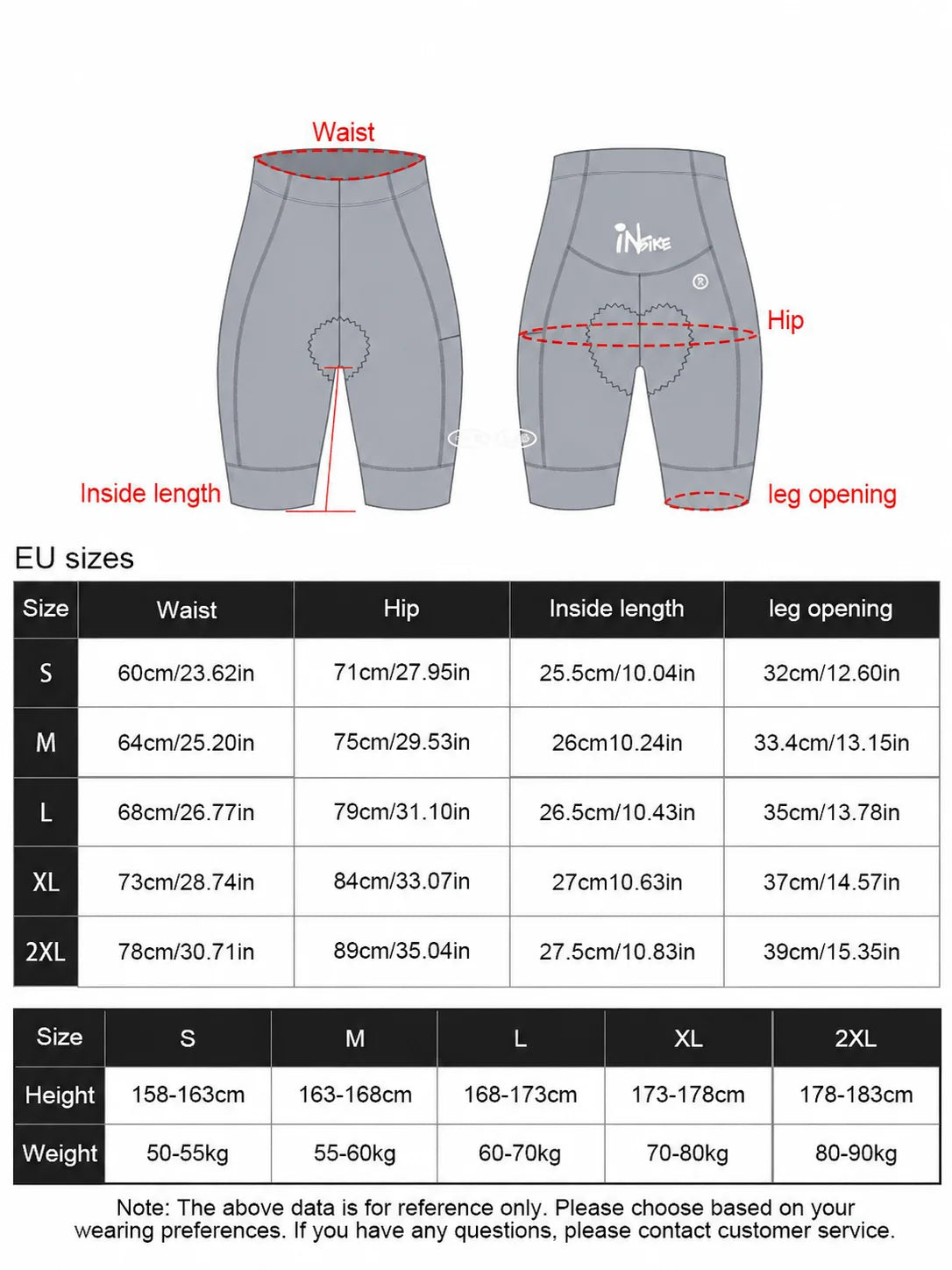Skytrace Men's Cycling Shorts size chart